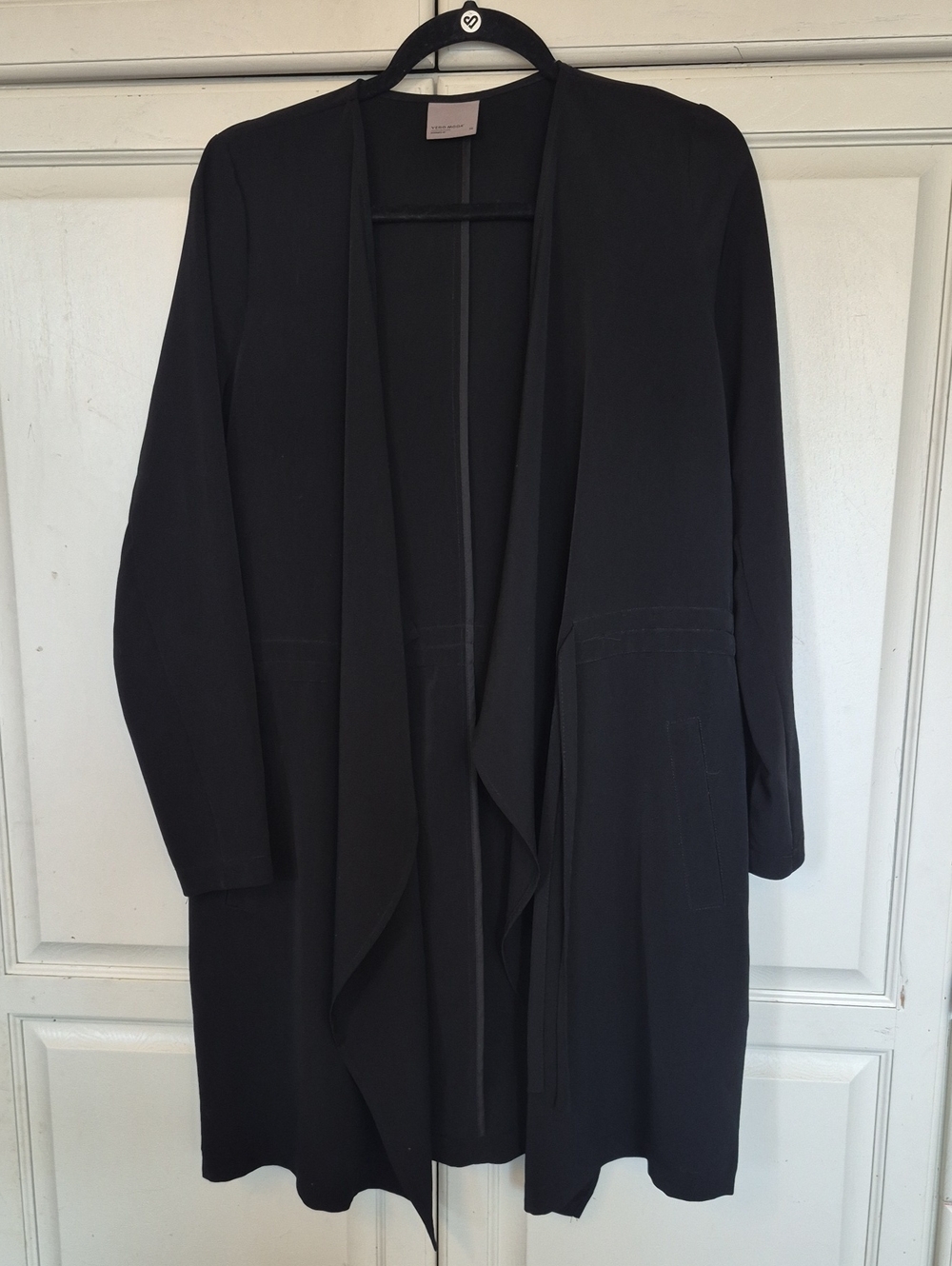 Vero Moda Long Black Open-Front Draped Blazer With Waist Tie